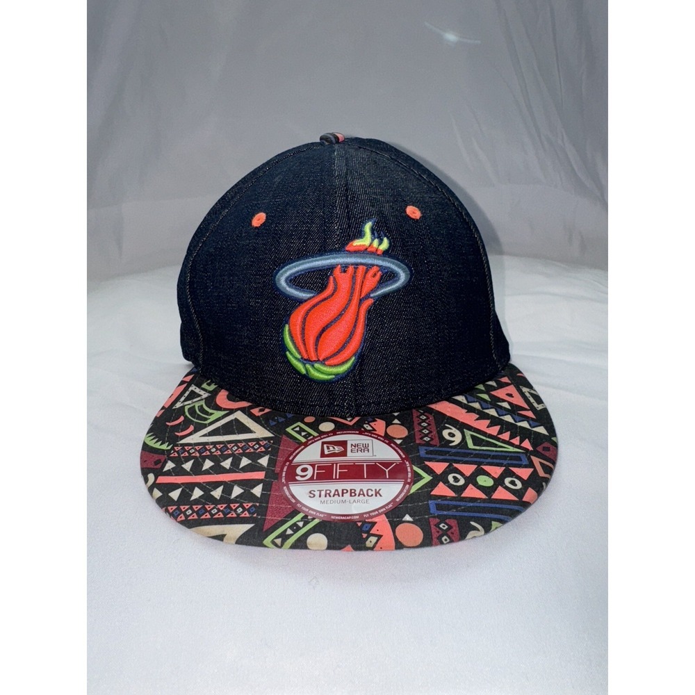 Miami Heat New Era Denim Hat‎ Size Medium/Large Logo Buckle back Pink Green Blue